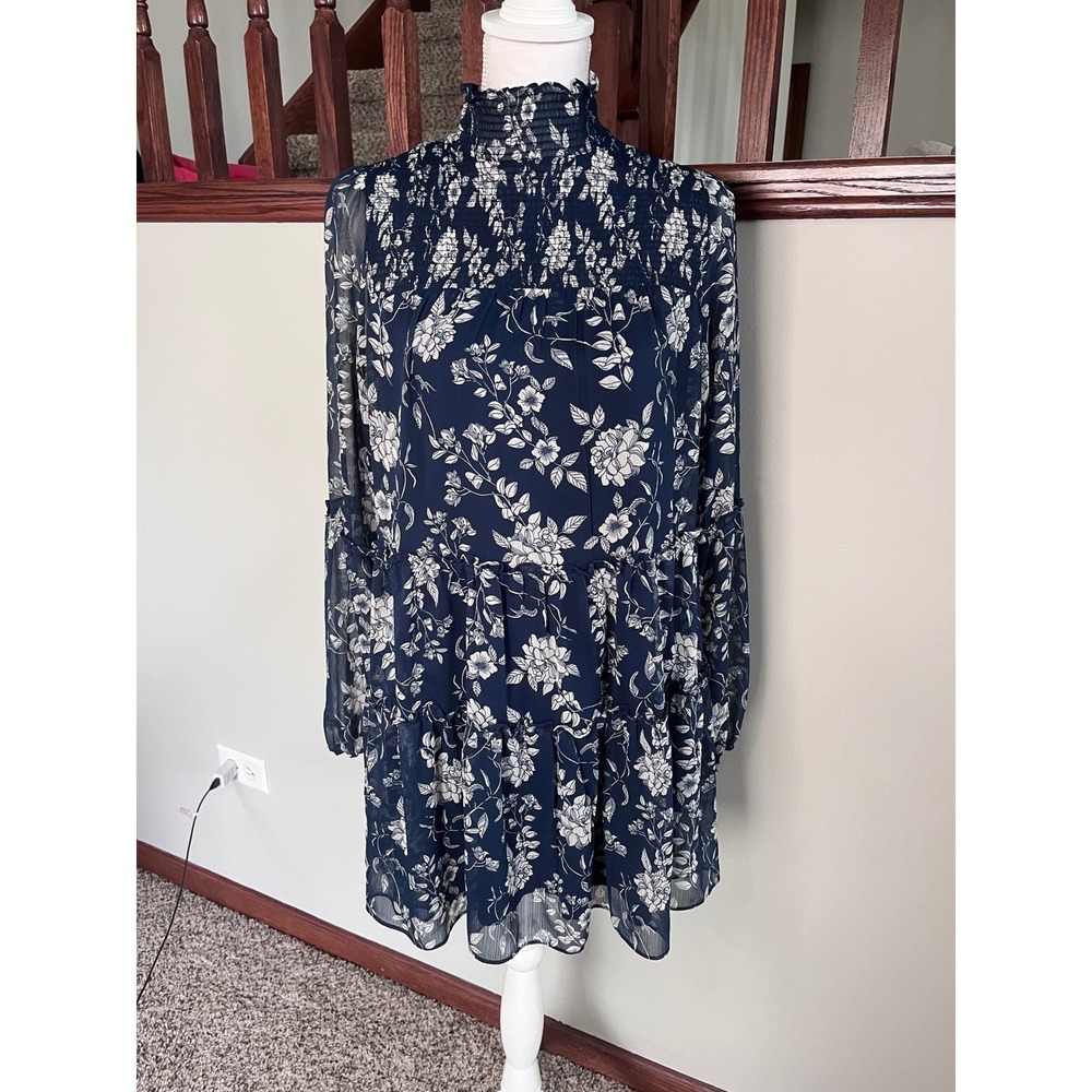 Trixxi Floral Smocked Mock Neck Tiered Mini Dress Navy Blue White Large